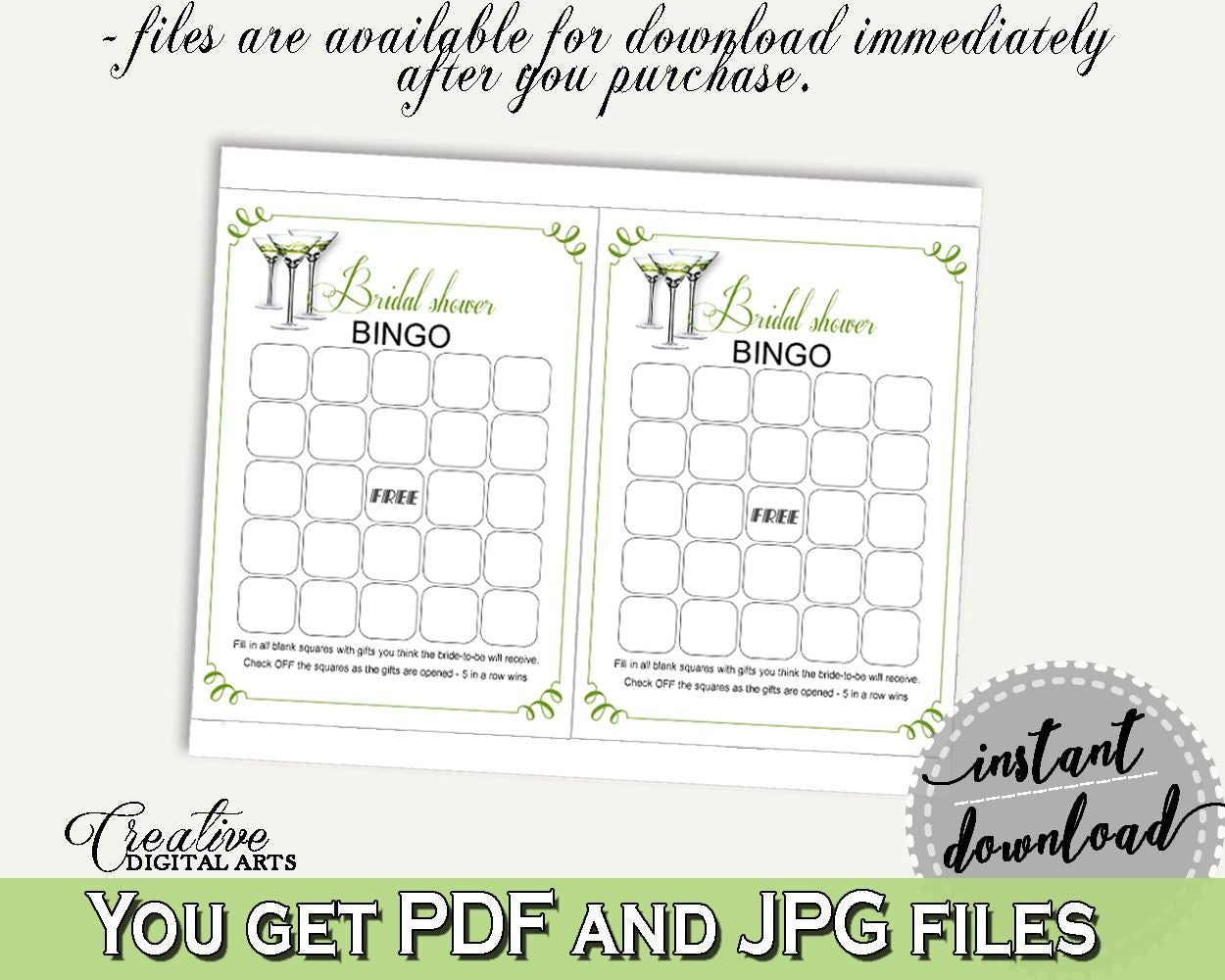 Empty Bingo Bridal Shower Empty Bingo Modern Martini Bridal Shower Empty Bingo Bridal Shower Modern Martini Empty Bingo Green White ARTAN - Digital Product