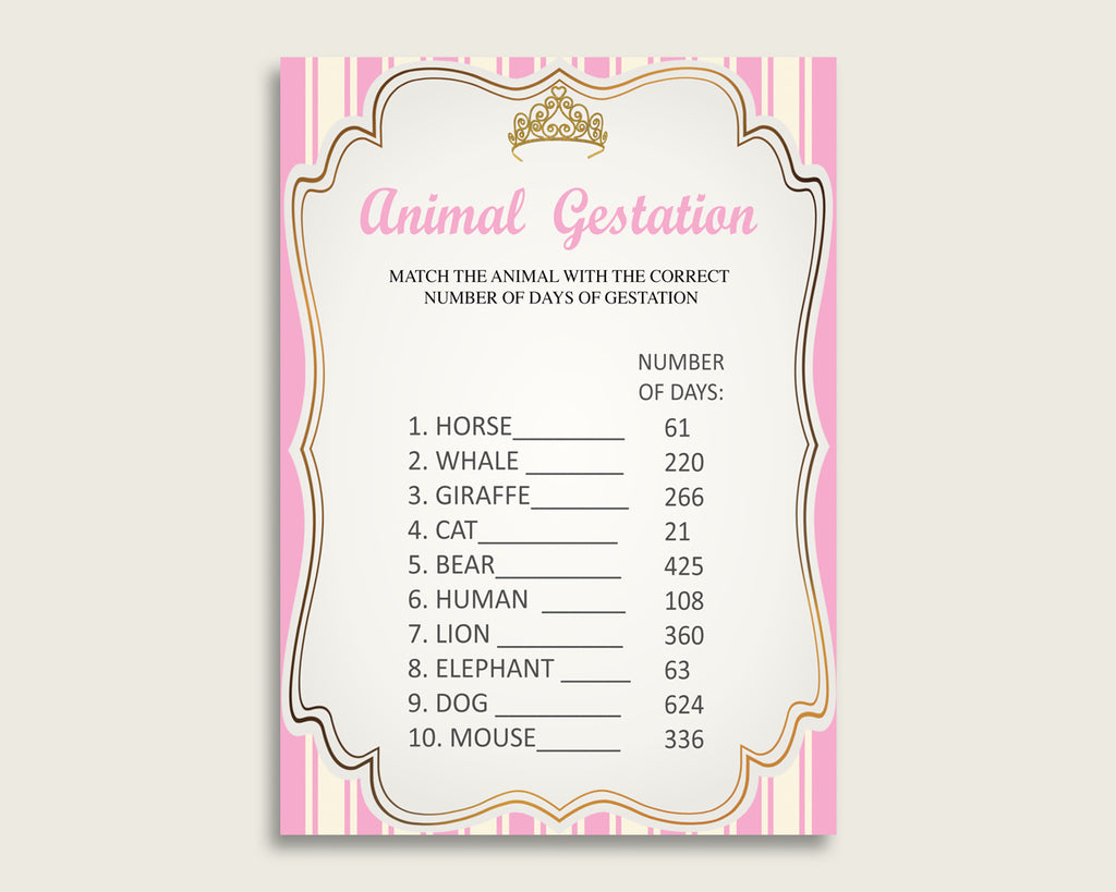Royal Princess Animal Pregnancy Gestation Game, Pink Gold Baby Shower Girl Printable Activities, Instant Download, Queen Heiress rp002