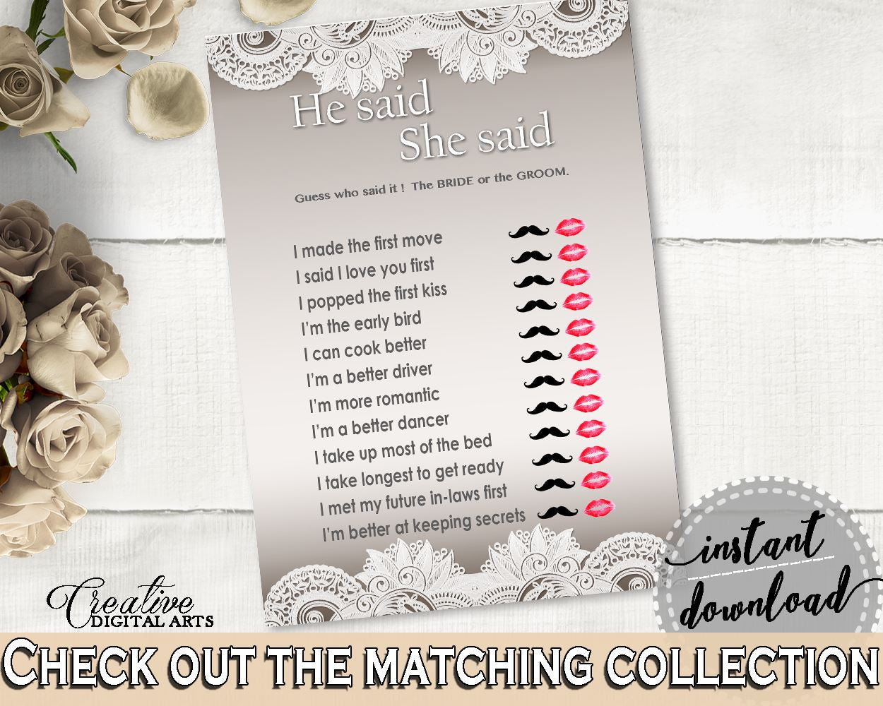 He Said She Said Game in Traditional Lace Bridal Shower Brown And Silver Theme, i love you, top favorite, party stuff, party decor - Z2DRE - Digital Product