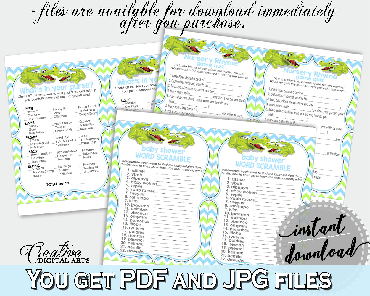 Blue and Green Baby Shower games package bundle printable with Green Alligator Crocodile for boys - Instant Download - ap002