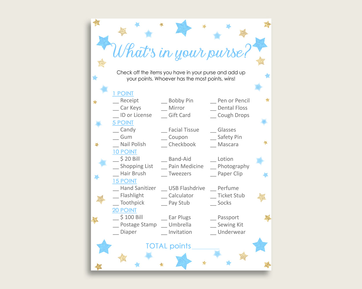 Stars What's In Your Purse Game Printable, Blue Gold Whats In Your Purse, Boy Baby Shower Purse Game, Instant Download, Most Popular bsr01