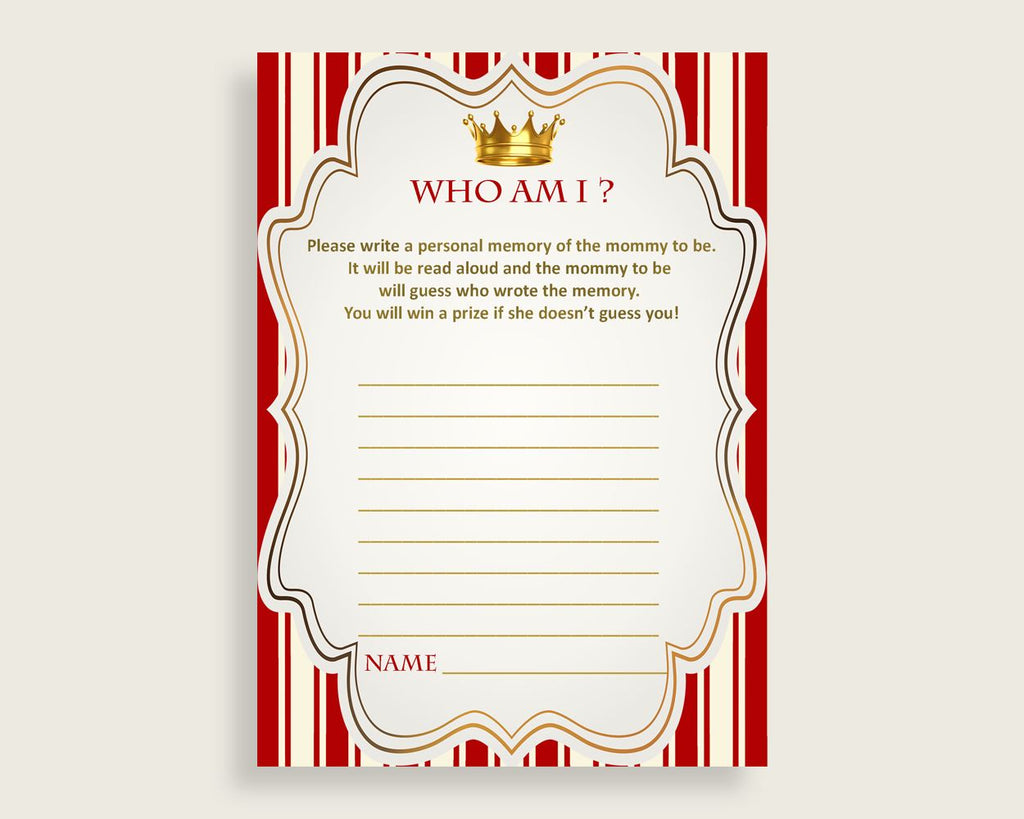 Prince Who Am I Game Printable, Boy Baby Shower Memory With Mommy, Red Gold Baby Shower Activity, Instant Download, Most Popular 92EDX