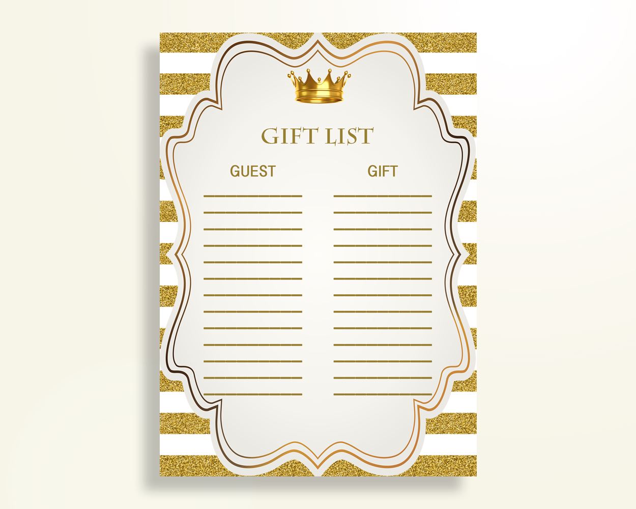 Gift List Baby Shower Gift List Royal Baby Shower Gift List Gold White Baby Shower Gold Gift List pdf jpg customizable files Y9MQF - Digital Product