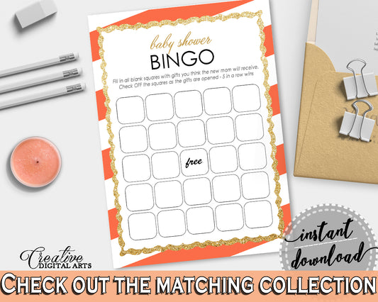 Orange Baby Shower BINGO GIFT game with glitter gold and orange stripes, gender neutral baby shower, Jpg Pdf, instant download - bs003