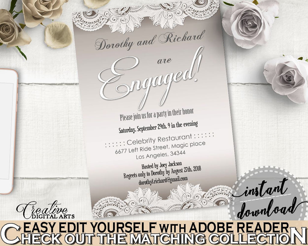 Traditional Lace Bridal Shower Engaged Invitation Editable in Brown And Silver, editable invite, lace design, prints, digital print - Z2DRE - Digital Product