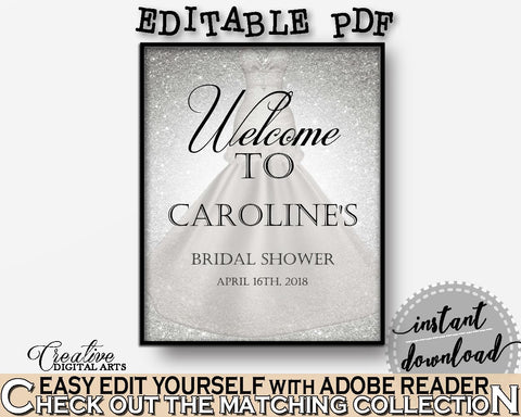 Bridal Shower Welcome Sign Editable in Silver Wedding Dress Bridal Shower Silver And White Theme, editable greetings, party theme - C0CS5 - Digital Product