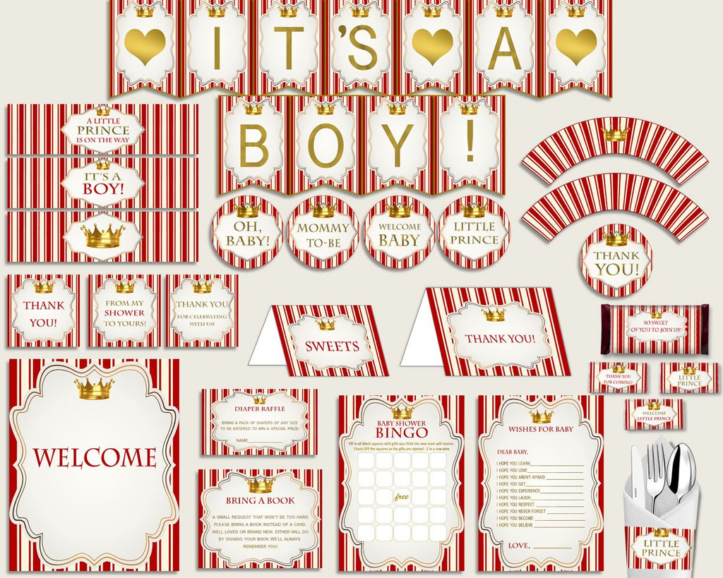 Red Gold Baby Shower Decorations Boy Kit, Prince Baby Shower Party Package Printable, Instant Download, Crown Little Prince Cute Theme 92EDX