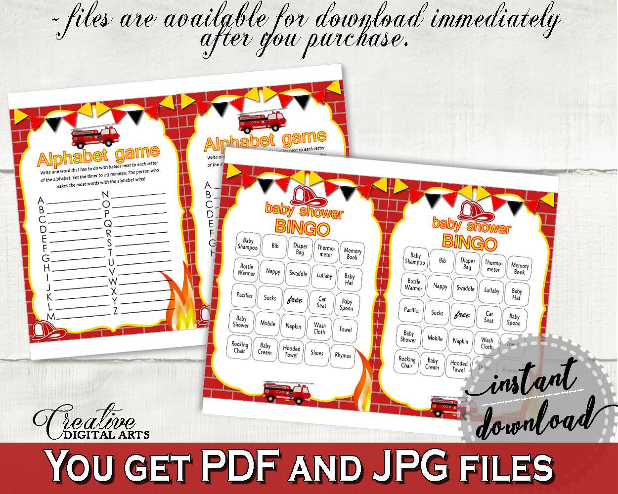 Games Baby Shower Games Fireman Baby Shower Games Red Yellow Baby Shower Fireman Games party theme, customizable files - LUWX6 - Digital Product