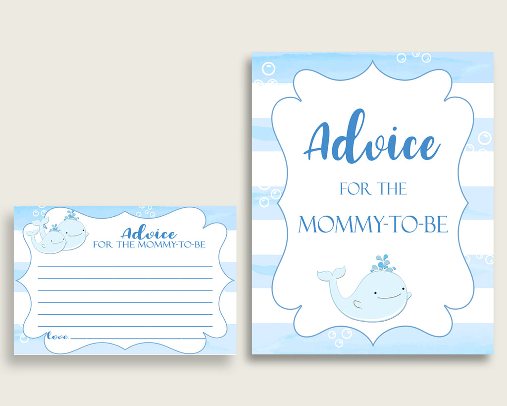 Whale Advice For Mommy To Be Cards & Sign, Printable Baby Shower Blue White Advice For New Parents, Instant Download, Light Blue wbl01