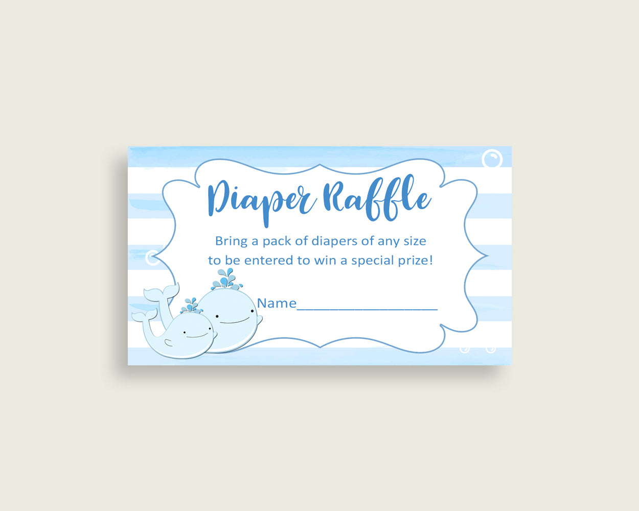 Whale Baby Shower Diaper Raffle Tickets Game, Boy Blue White Diaper Raffle Card Insert and Sign Printable, Instant Download, 3.5x2", wbl01