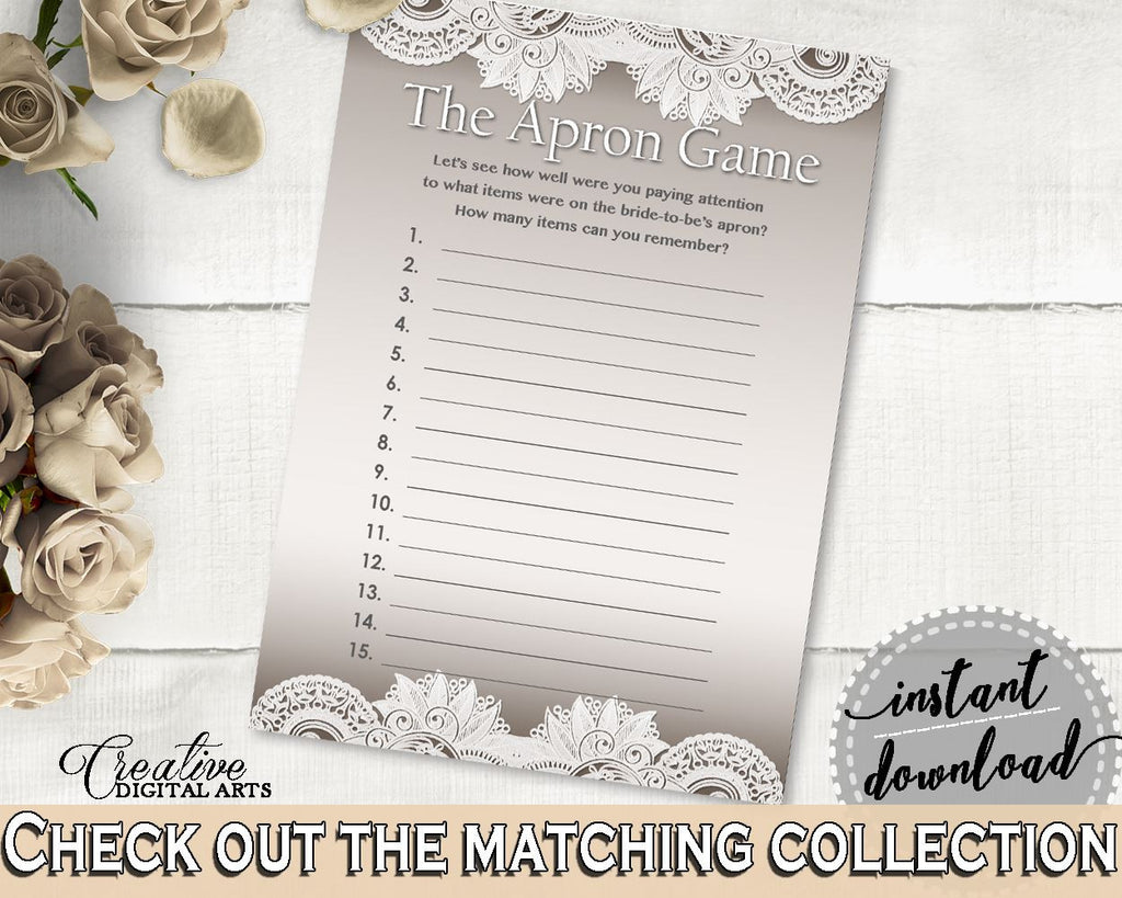 The Apron Game in Traditional Lace Bridal Shower Brown And Silver Theme, bridal apron game, best-selling, party stuff, party decor - Z2DRE - Digital Product