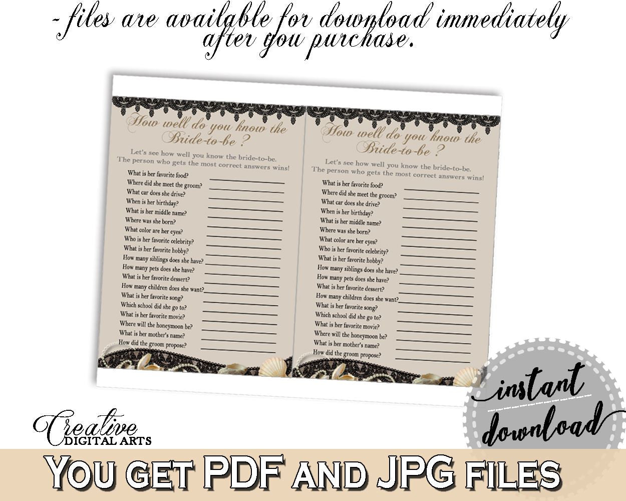 How Well Do You Know The Bride To Be in Seashells And Pearls Bridal Shower Brown And Beige Theme, quiz game, paper supplies - 65924 - Digital Product