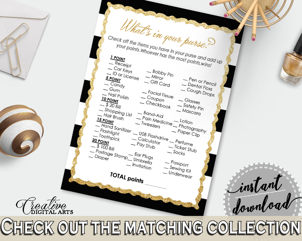 WHAT'S In YOUR PURSE baby shower game with black white color strips theme printable, digital Jpg Pdf, instant download - bs001