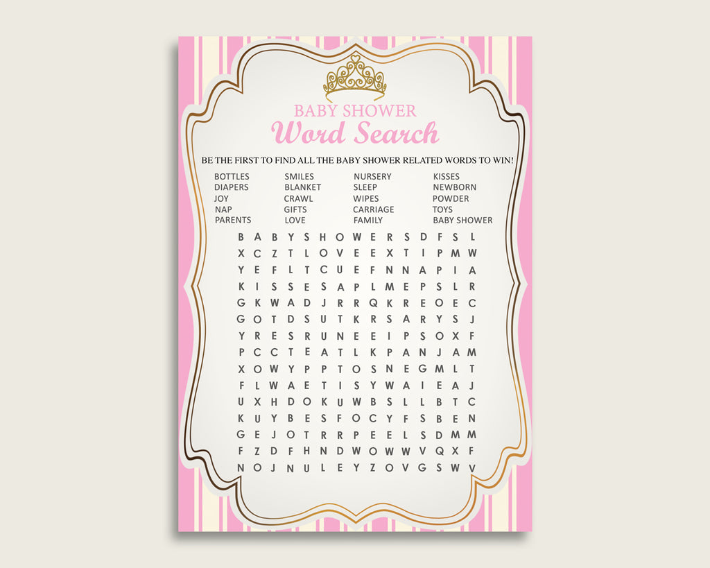Royal Princess Word Search Game, Pink Gold Baby Shower Word Search Cards Printable, Girl Baby Shower Activities, Hidden Words, Instant rp002