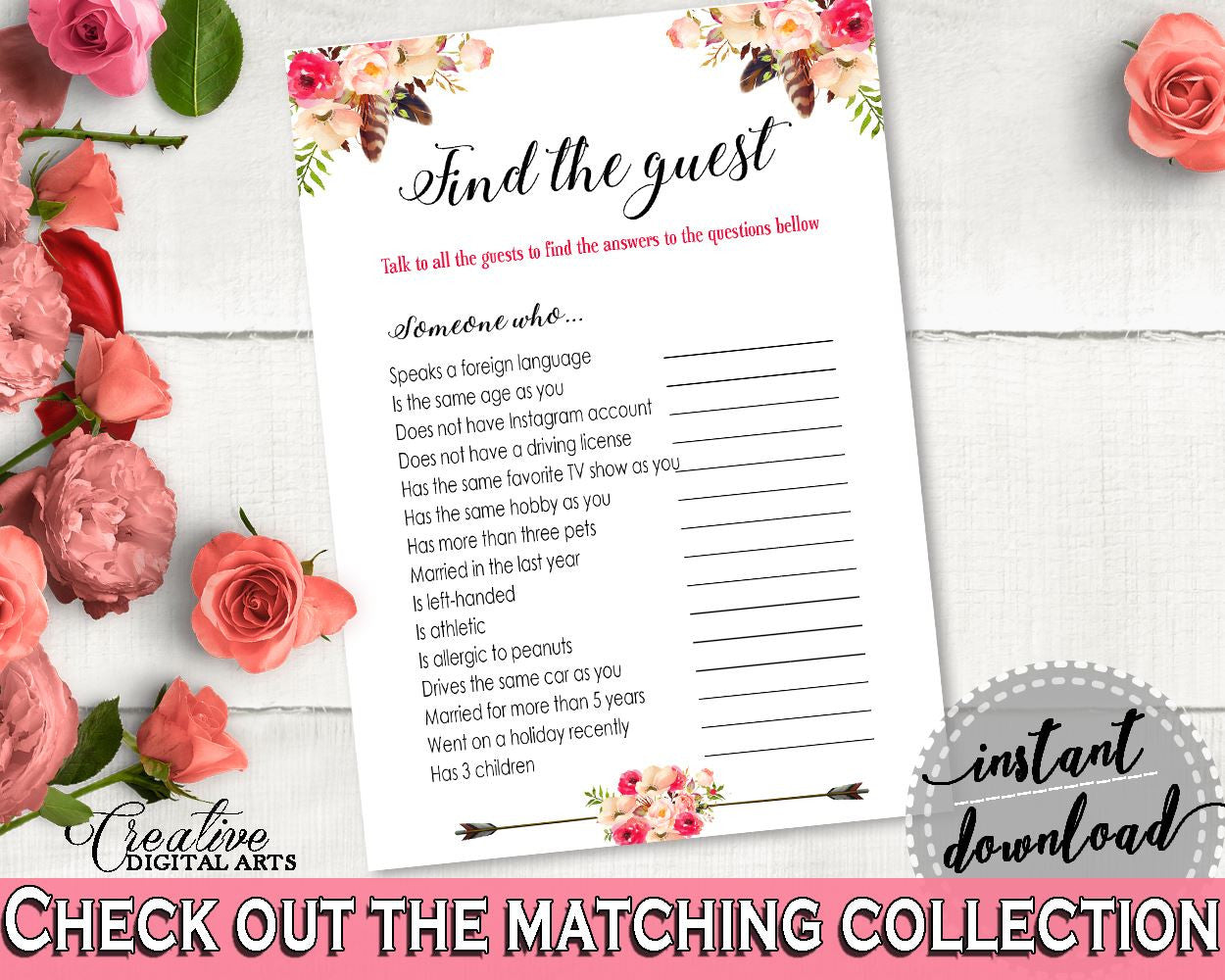 Find The Guest Game in Bohemian Flowers Bridal Shower Pink And Red Theme, bachelorette games, boho chic, paper supplies, party decor - 06D7T - Digital Product