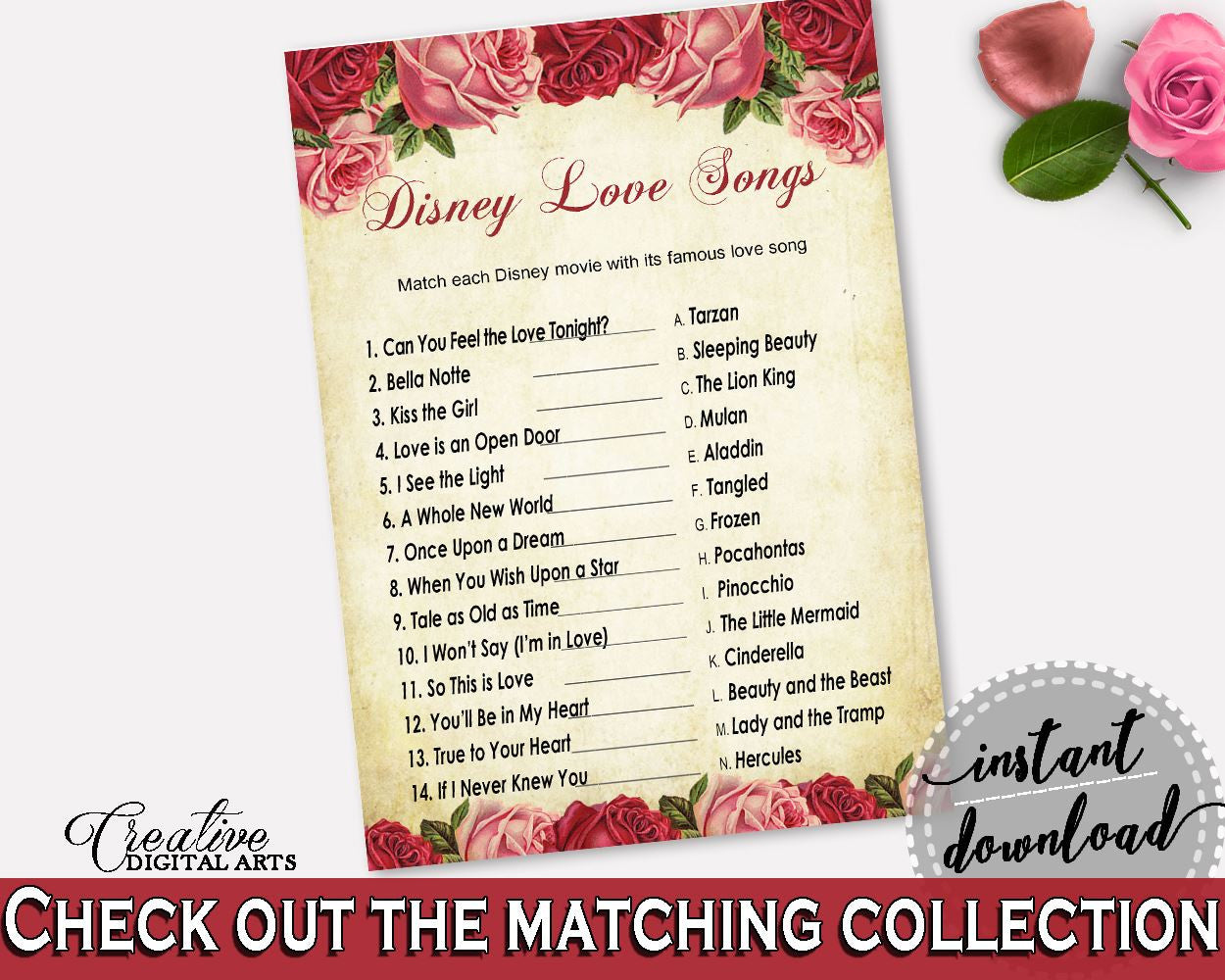 Disney Love Songs Game Bridal Shower Disney Love Songs Game Vintage Bridal Shower Disney Love Songs Game Bridal Shower Vintage Disney XBJK2 - Digital Product