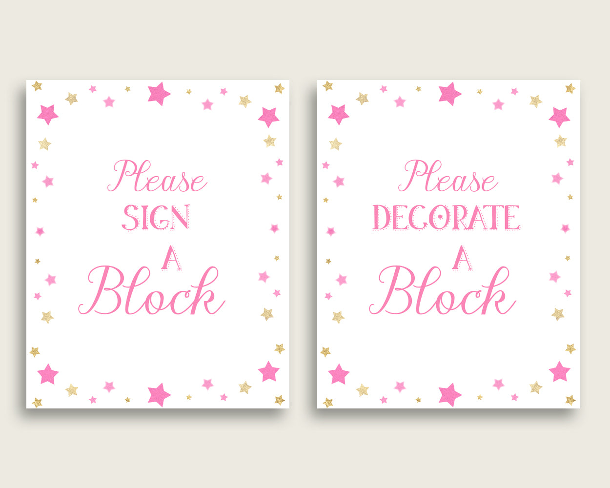 Pink Gold Please Sign A Block Sign and Decoarate A Block Sign Printables, Twinkle Star Girl Baby Shower Decor, Instant Download, bsg01