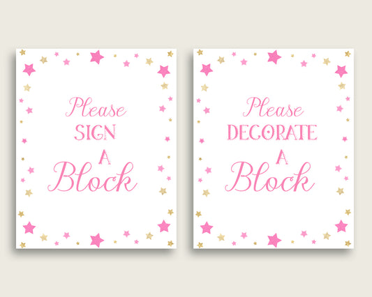 Pink Gold Please Sign A Block Sign and Decoarate A Block Sign Printables, Twinkle Star Girl Baby Shower Decor, Instant Download, bsg01