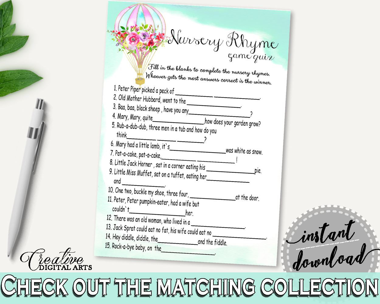 Nursery Rhyme Quiz Baby Shower Nursery Rhyme Quiz Hot Air Balloon Baby Shower Nursery Rhyme Quiz Baby Shower Hot Air Balloon Nursery CSXIS - Digital Product