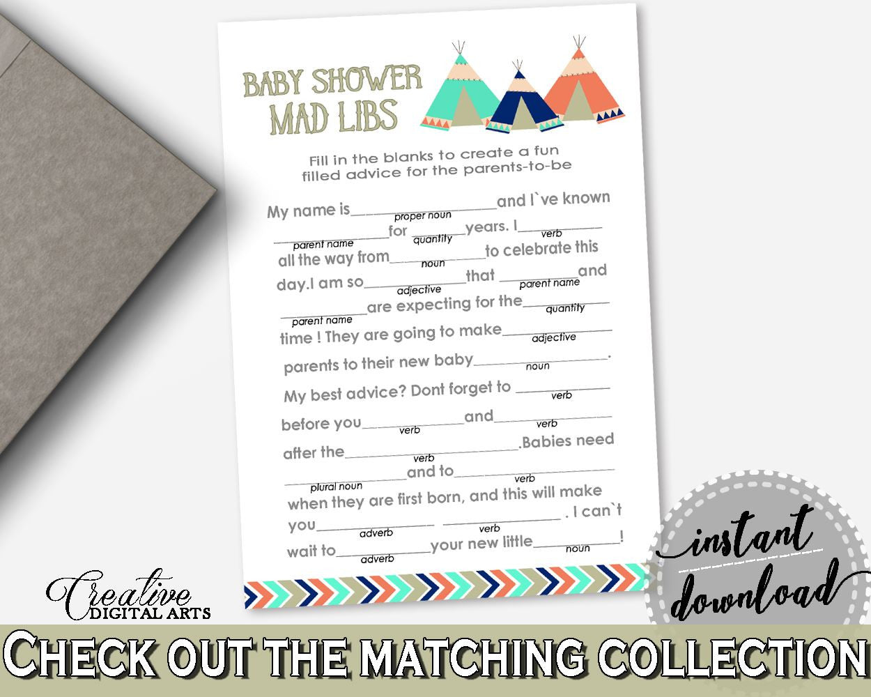 Mad Libs Baby Shower Mad Libs Tribal Teepee Baby Shower Mad Libs Baby Shower Tribal Teepee Mad Libs Green Navy - KS6AW - Digital Product