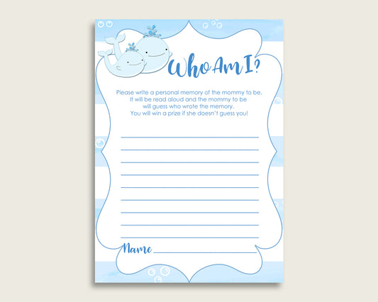 Whale Who Am I Game Printable, Boy Baby Shower Memory With Mommy, Blue White Baby Shower Activity, Instant Download, Light Blue wbl01