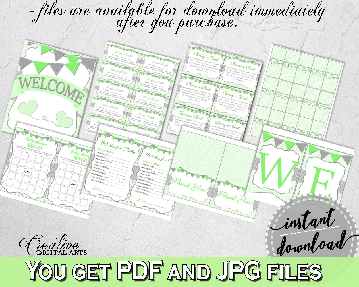 Green Baby Boy or Girl Shower Decoration package bundle printable with chevron green theme, Jpg Pdf - Instant Download - cgr01