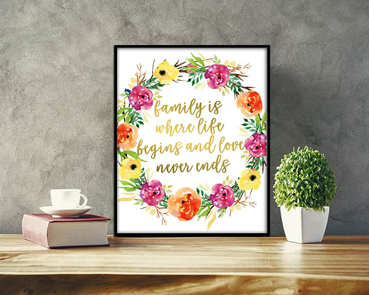 Wall Art Family Digital Print Family Poster Art Family Wall Art Print Family  Wall Decor Family home wall decor gold floral print - Digital Download