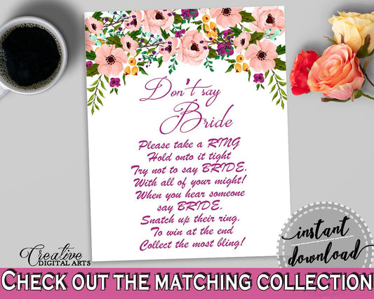 Don't Say Bride in Watercolor Flowers Bridal Shower White And Pink Theme, popular bridal game, flowers theme, party plan, prints - 9GOY4 - Digital Product