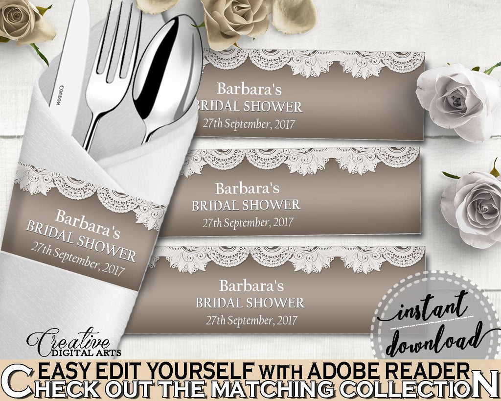 Napkin Ring Editable in Traditional Lace Bridal Shower Brown And Silver Theme, napkin stickers, country theme, shower activity - Z2DRE - Digital Product
