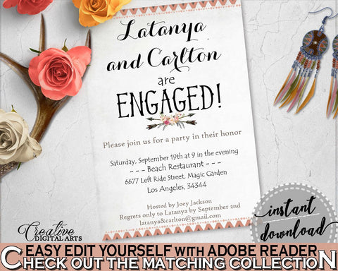 Antlers Flowers Bohemian Bridal Shower Engaged Invitation Editable in Gray and Pink, they're engaged, boho floral, party plan - MVR4R - Digital Product