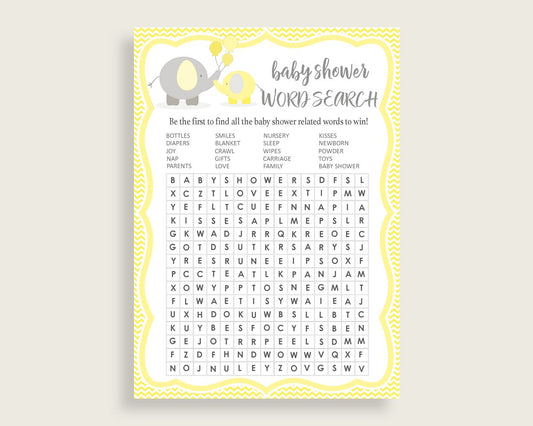 Word Search Baby Shower Word Search Yellow Baby Shower Word Search Baby Shower Elephant Word Search Yellow Gray paper supplies digital W6ZPZ