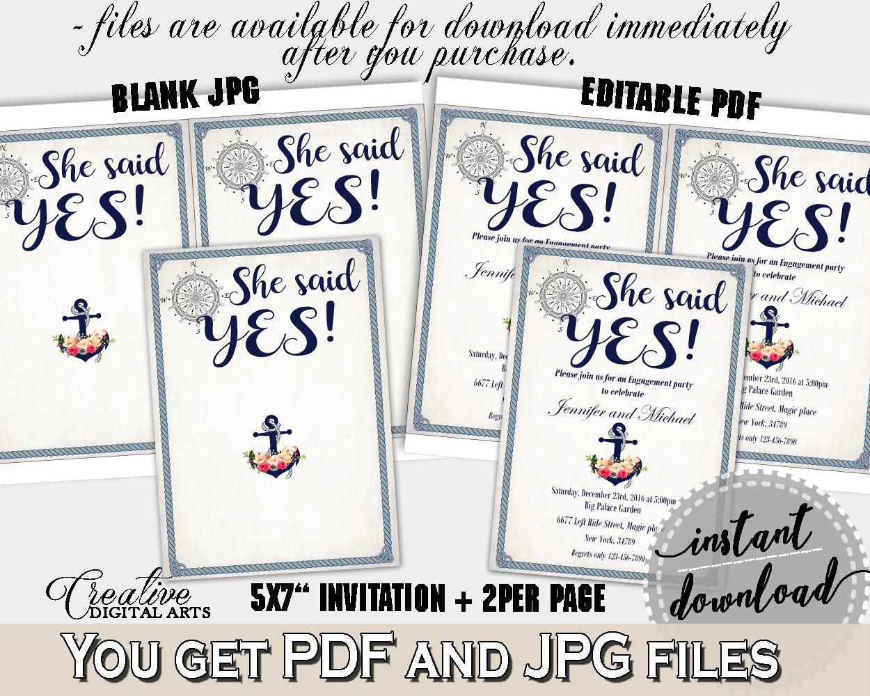 Nautical Anchor Flowers Bridal Shower She Said Yes Invitation Editable in Navy Blue, she said yes invite, digital download, prints - 87BSZ - Digital Product