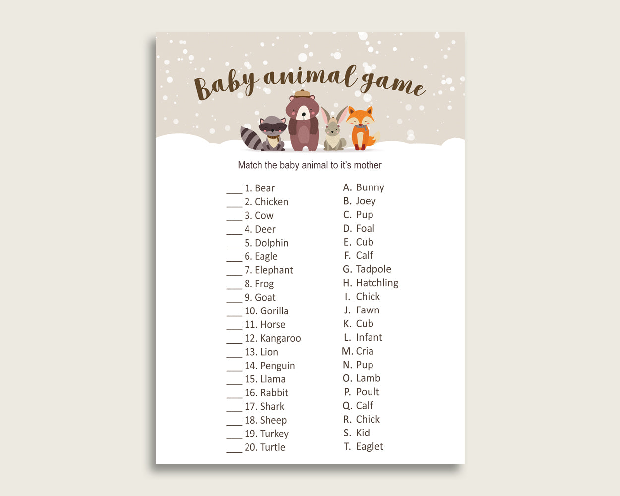 Winter Woodland Name The Baby Animals Game Printable, Beige Brown Baby Shower Animal Game, Gender Neutral Baby Shower, Instant RM4SN