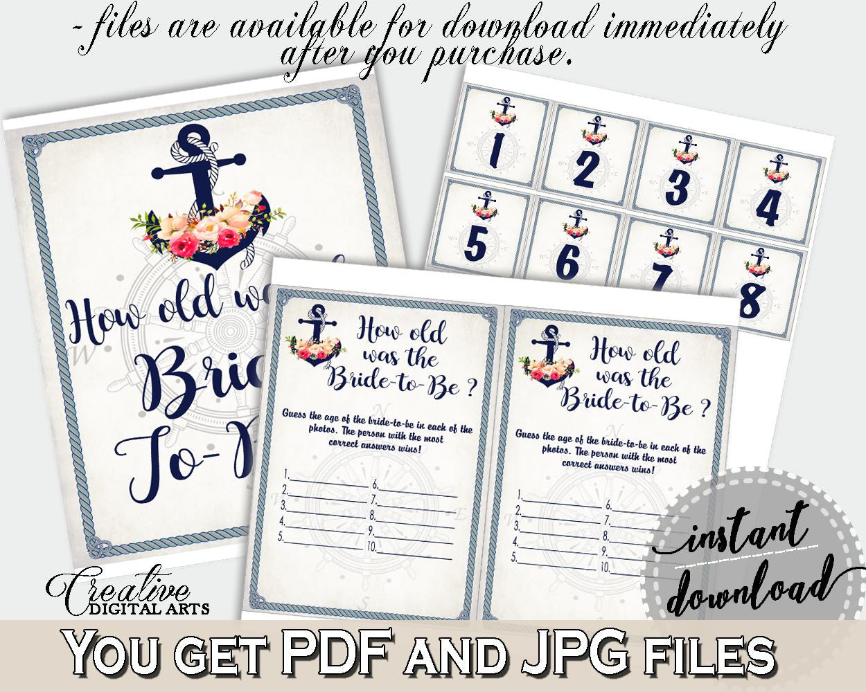 Nautical Anchor Flowers Bridal Shower How Old Was The Bride To Be in Navy Blue, how old was she, cruising theme, party theme, prints - 87BSZ - Digital Product