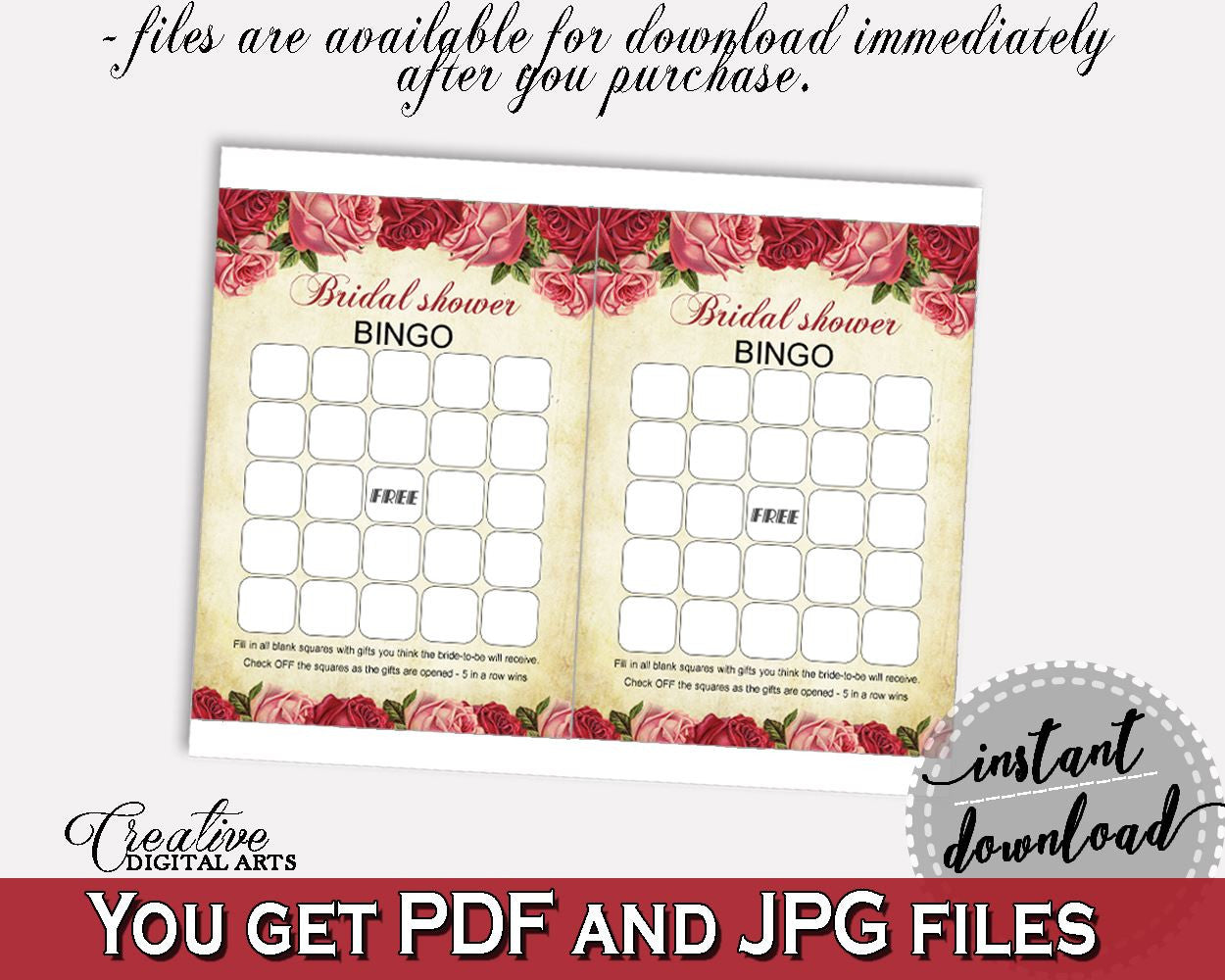 Empty Bingo Bridal Shower Empty Bingo Vintage Bridal Shower Empty Bingo Bridal Shower Vintage Empty Bingo Red Pink party planning, pdf XBJK2 - Digital Product