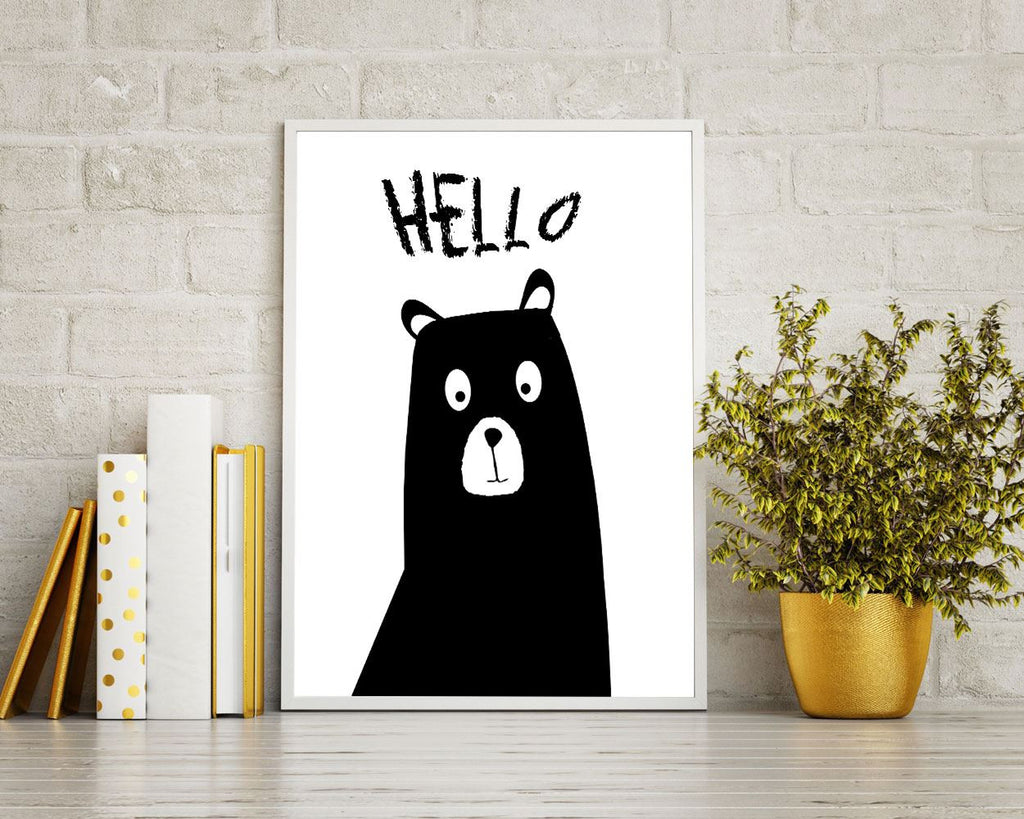 Hello Bear, black and white, woodland, baby shower, kids room, Printable Wall Art, contemporary art, Art Prints, Minimalist Print - Digital Download