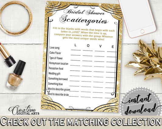 Gold And Yellow Glittering Gold Bridal Shower Theme: Scattergories Game - couples shower game, yellow theme, party organization - JTD7P - Digital Product