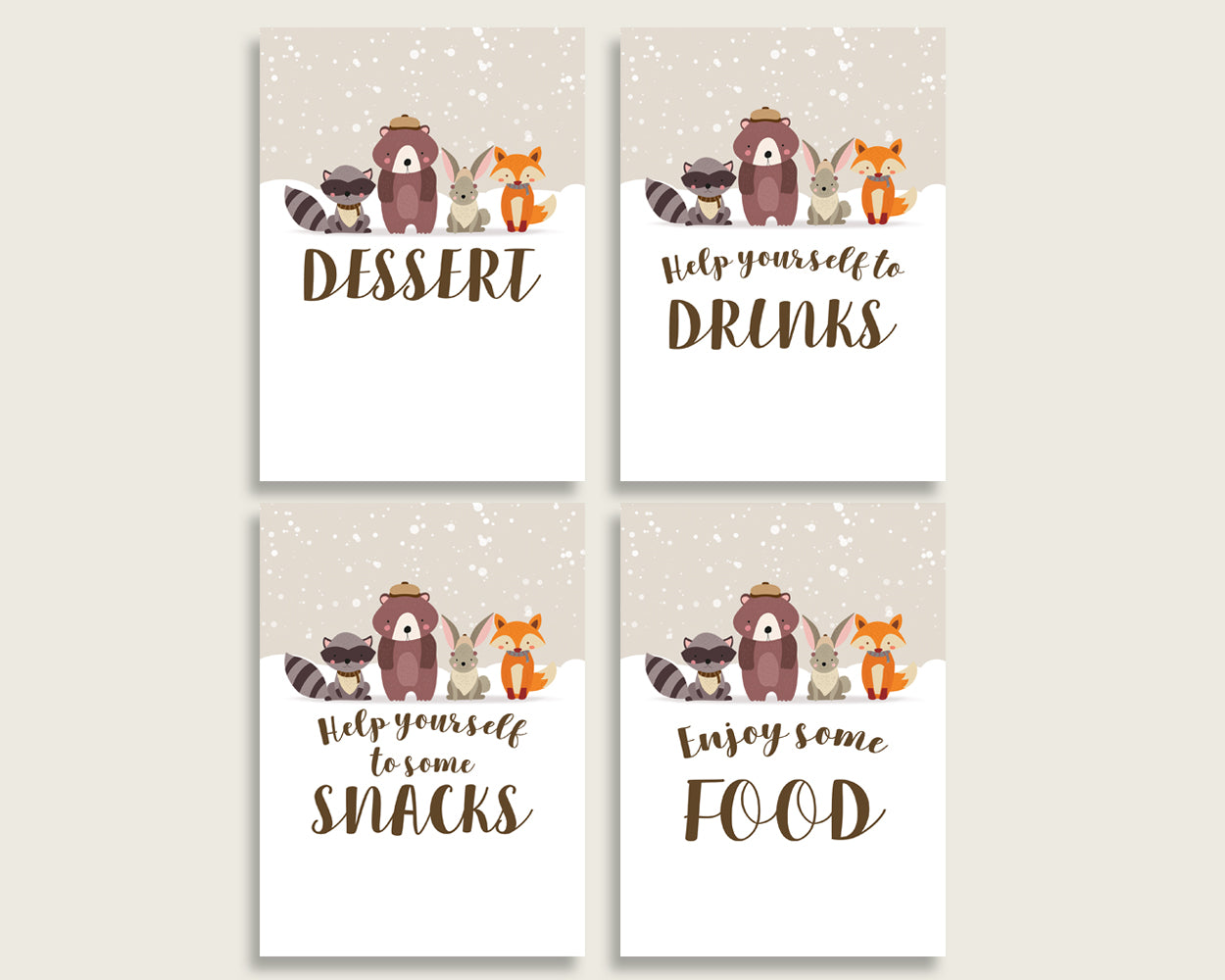 Winter Woodland Baby Shower Gender Neutral Table Signs Printable, Beige Brown Party Table Decor, Favors, Food, Drink, Treat, Guest RM4SN