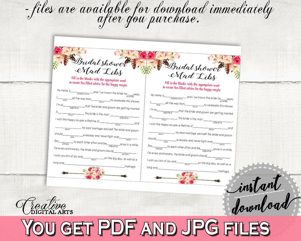 Bohemian Flowers Bridal Shower Mad Libs Game in Pink And Red, adverb, bohemian theme, shower celebration, printable files, prints - 06D7T - Digital Product