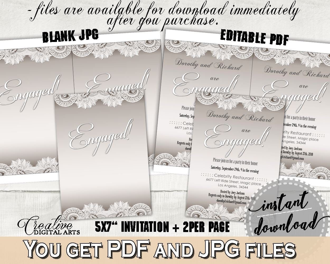 Traditional Lace Bridal Shower Engaged Invitation Editable in Brown And Silver, editable invite, lace design, prints, digital print - Z2DRE - Digital Product