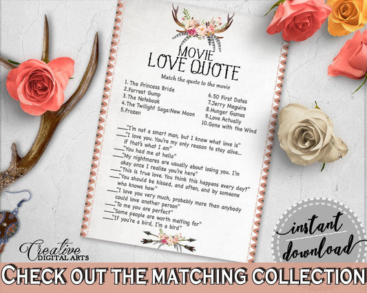 Antlers Flowers Bohemian Bridal Shower Movie Love Quote Game in Gray and Pink, matching love quotes, party decorations, party plan - MVR4R - Digital Product