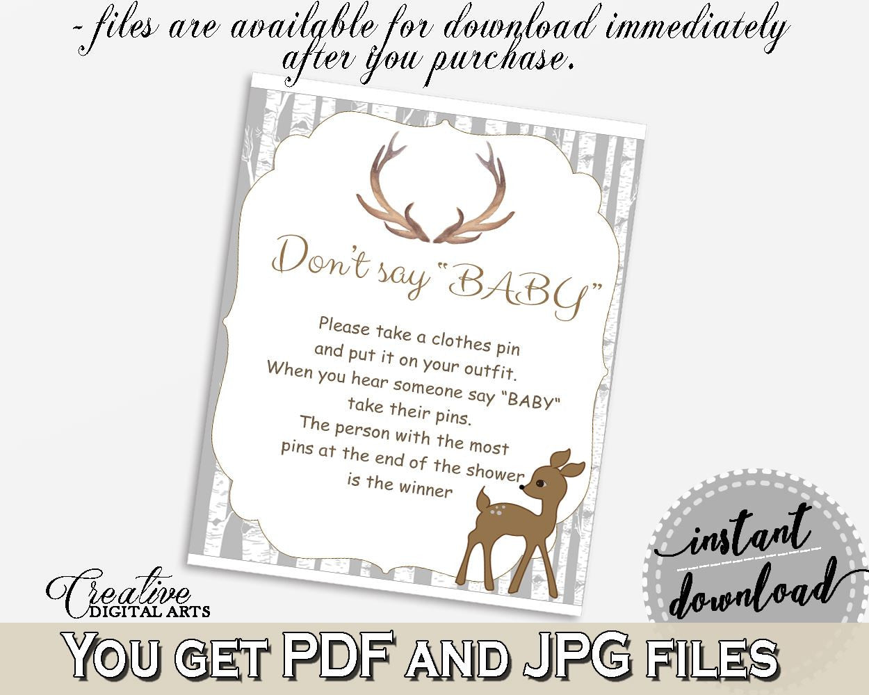 Dont Say Baby Baby Shower Dont Say Baby Deer Baby Shower Dont Say Baby Baby Shower Deer Dont Say Baby Gray Brown party decor, prints Z20R3 - Digital Product