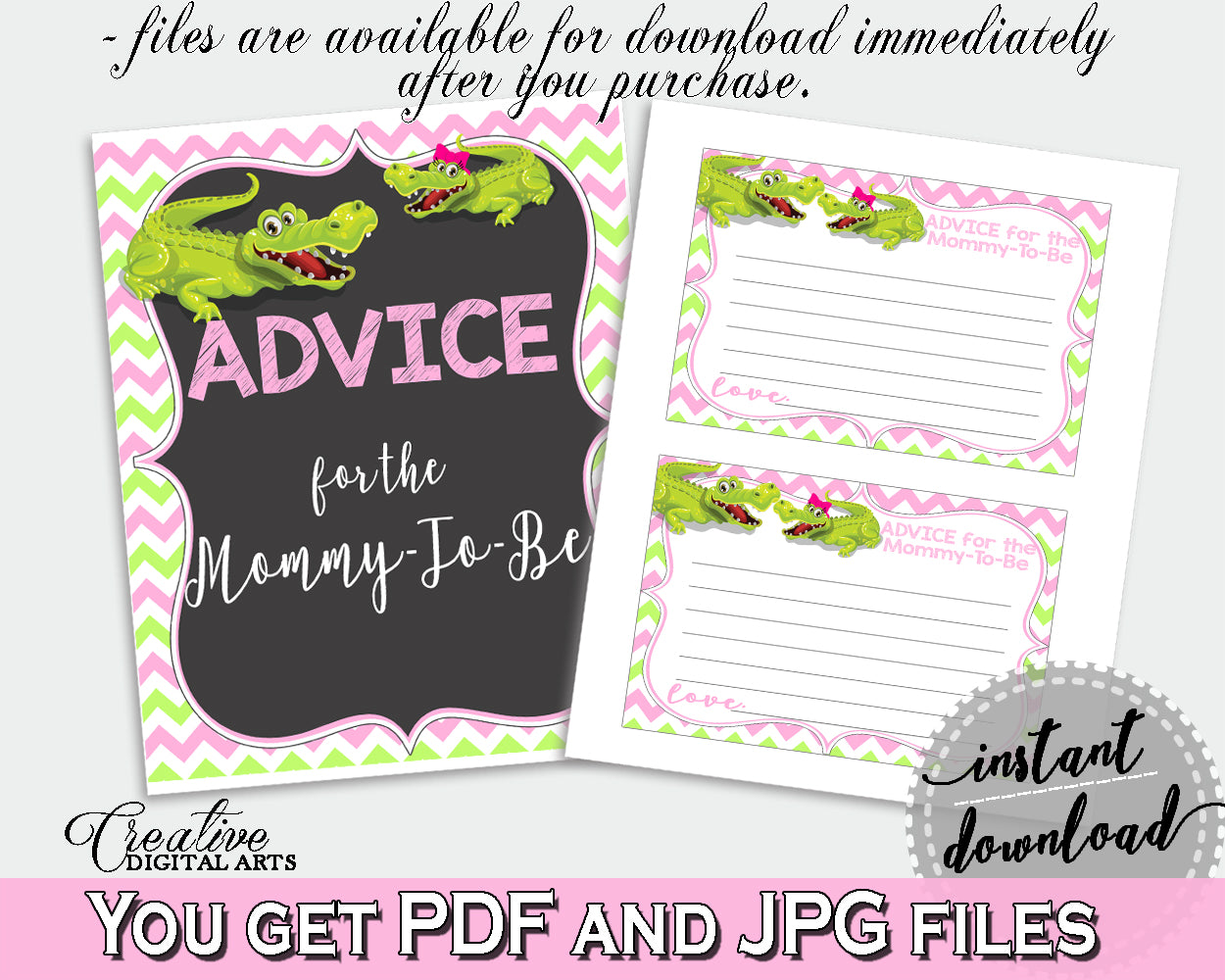 ADVICE FOR THE MOMMY TO BE and ADVICE FOR THE NEW PARENTS baby shower activities with green alligator and pink color theme, instant download - ap001