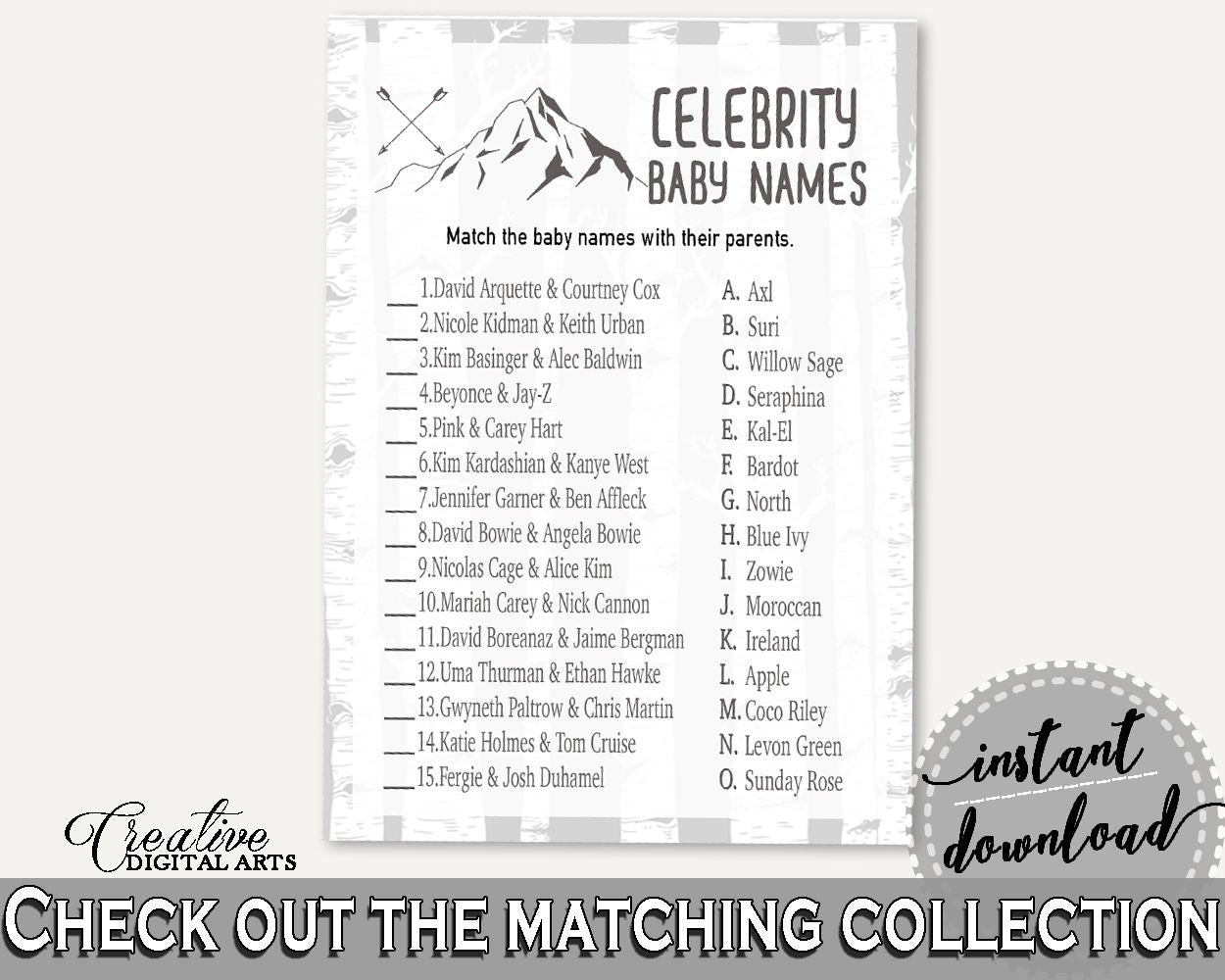 Celebrity Baby Names Baby Shower Celebrity Baby Names Adventure Mountain Baby Shower Celebrity Baby Names Gray White Baby Shower S67CJ - Digital Product