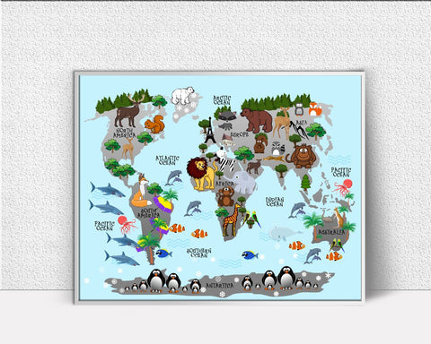 World Map Prints Wall Art Animals Digital Download World Map Nursery Art Animals Nursery Print World Map Instant Download Animals Frame And - Digital Download