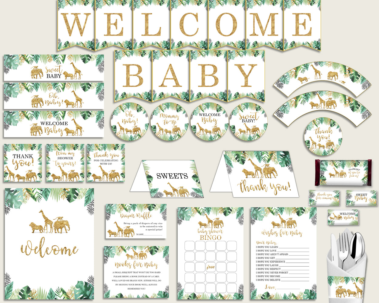 Gold Green Baby Shower Decorations Gender Neutral Kit, Jungle Baby Shower Party Package Printable, Instant Download, Cute Animals EJRED