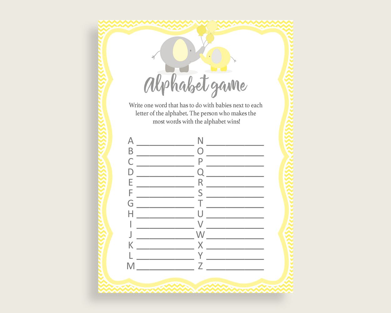 Alphabet Game Baby Shower Abc Game Yellow.Elephant Baby Shower Alphabet Game Baby Shower Yellow.Elephant Abc Game Yellow Gray prints W6ZPZ