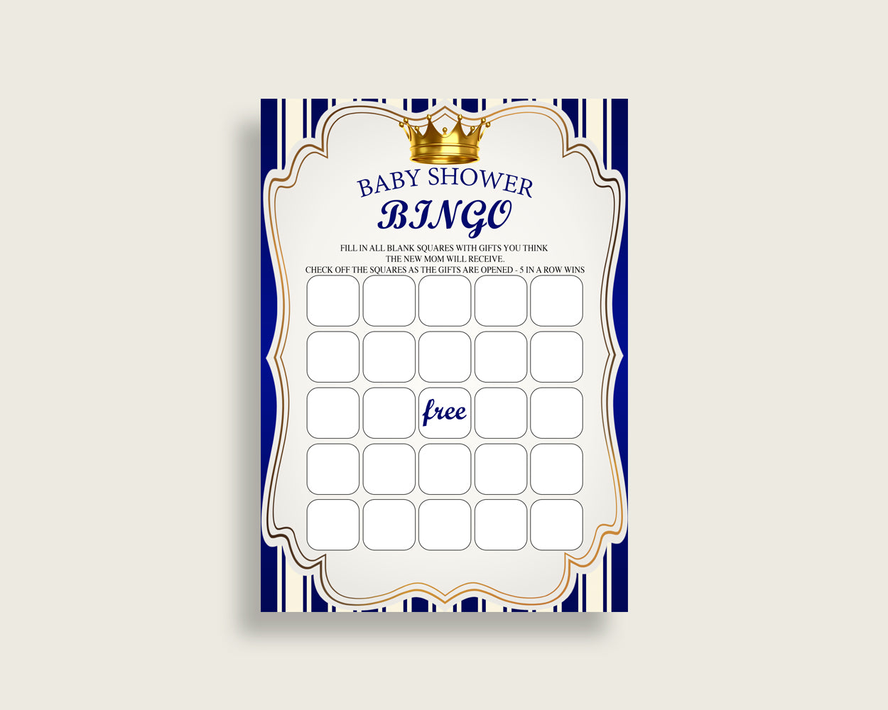 Royal Prince Baby Shower Bingo Cards Printable, Blue Gold Baby Shower Boy, 60 Prefilled Bingo Game Cards, Royal Blue King Gold Crown rp001