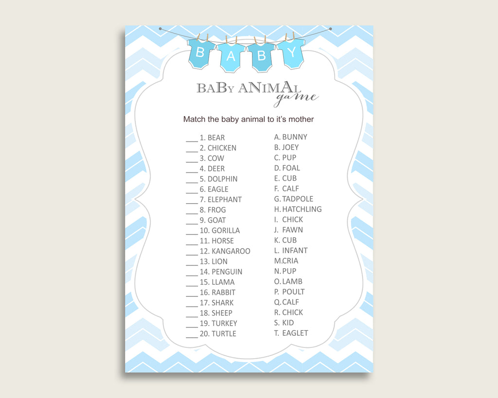 Chevron Name The Baby Animals Game Printable, Blue White Baby Shower Animal Game, Boy Baby Shower, Instant Download, Light Blue, cbl01