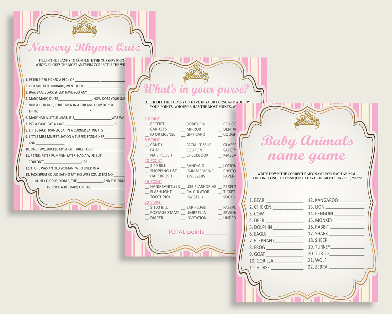 Royal Princess Baby Shower Games Printable Pack, Pink Gold Baby Shower Games Package Girl, Royal Princess Games Bundle Set, Instant rp002